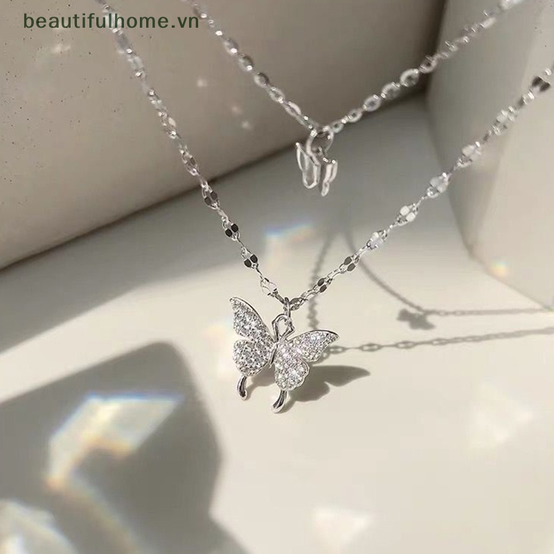 Vòng cổ Hai Lớp Mặt Hình Bướm Đính Đá Zircon Cho Nữ