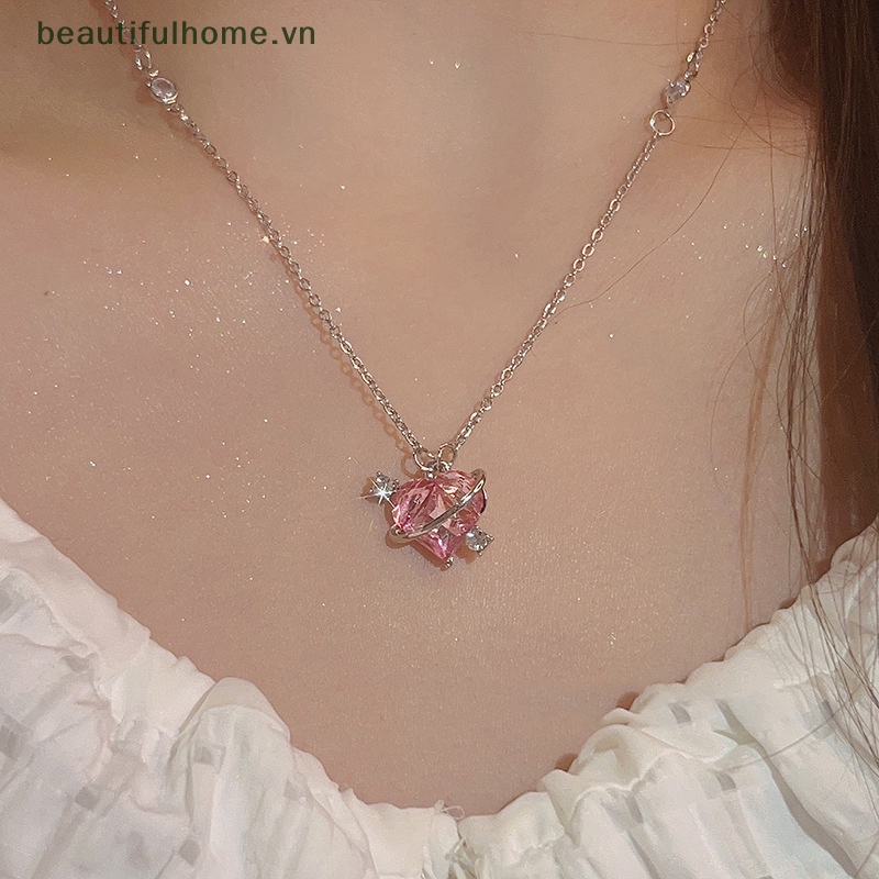 [beautifulhome] Vòng cổ Mặt Hình Trái Tim Đính Đá Zircon Màu Hồng Ngọt Ngào Tinh Tế Cho Nữ