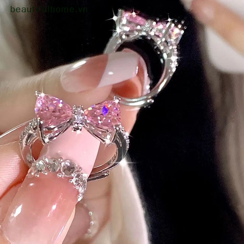 [beautifulhome] Nhẫn Đính Đá Zircon Pha Lê Hồng Thiết Kế Hình Nơ Thời Trang Ngọt Ngào Dành Cho Nữ Làm Quà Sinh Nhật [beauty]