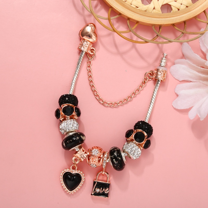 Vòng Tay Chuỗi Hạt Màu Vàng Hồng Mặt Hình Trái Tim Và Trái Tim Bằng Hợp Kim Màu Đen Thời Trang Cho