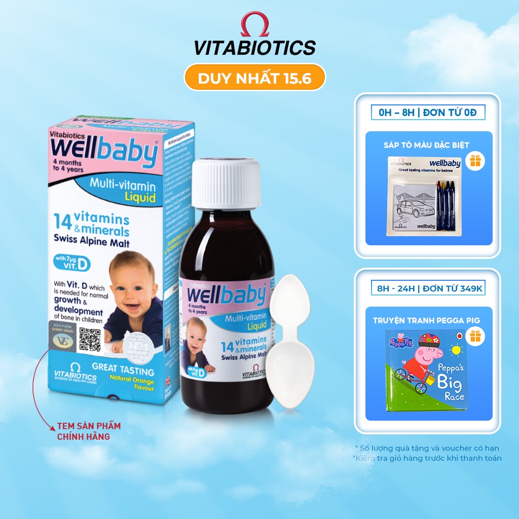 Siro Uống Cho Bé Vitabiotics WELLBABY Multi-Vitamin Liquid Vị Cam Mạch Nha Ngon Miệng, Tăng Cường Sức Đề Kháng 150ml