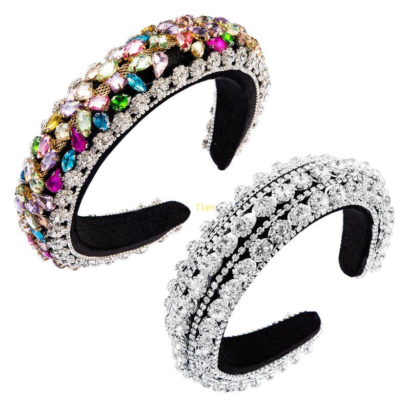 Flgo Băng Đô Nhung Bản Rộng Đính Đá Hình Giọt Nước Phong Cách Baroque