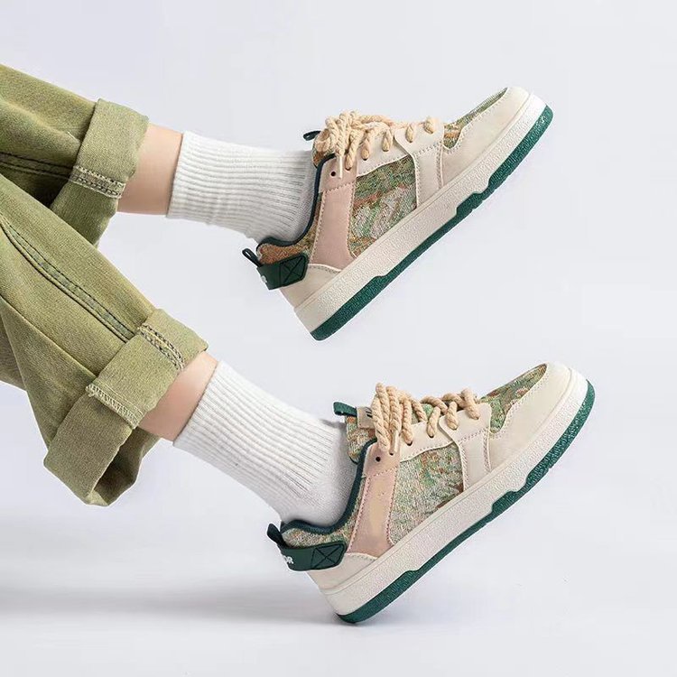 Giày Thể Thao Đế Cao Su Mềm Màu Hồng Và Xanh Lá Phong Cách Retro Dành Cho Nữ