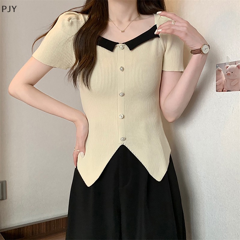 Pjy Áo Thun Dệt Kim Tay Phồng Ngắn Cổ Vuông Đính Nút Xẻ Tà Ôm Dáng PJ