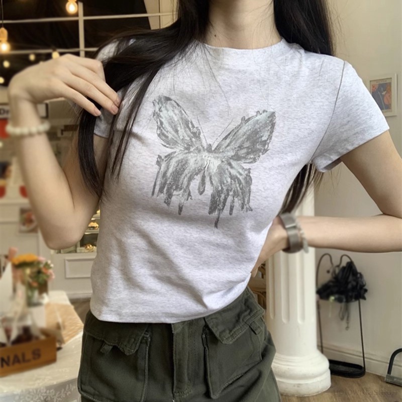 Áo Thun Tay Ngắn Cổ Tròn In Họa Tiết Bươm Bướm Đơn Giản Thời Trang Xuân Hè Phong Cách Hàn Quốc