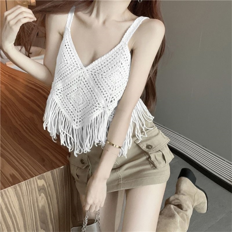 Áo Croptop Dệt Kim Cổ Chữ V Phối Tua Rua Thời Trang Mùa Hè Cho Nữ