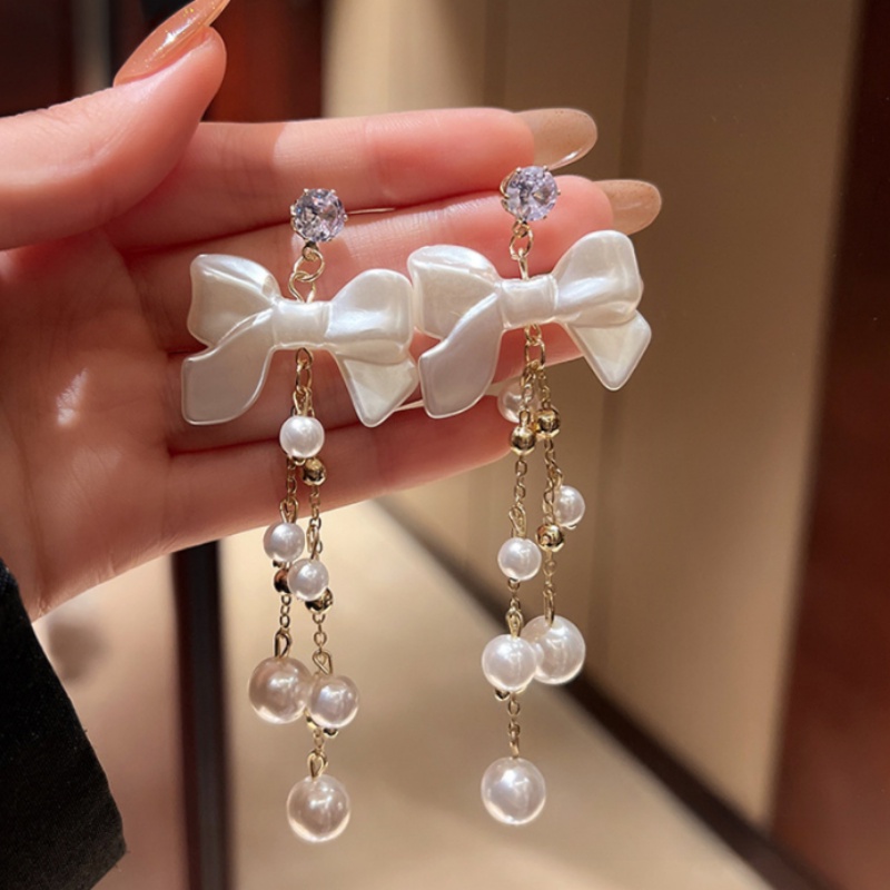 Đôi Bông Tai Dáng Dài Phối Nơ Đính Đá Thời Trang Cho Nữ