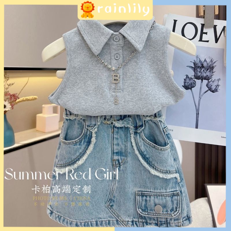 Bộ Áo Thun POLO Không Tay Kèm Chân Váy Denim Thời Trang Mùa Hè 2023 Dành Cho Bé Gái