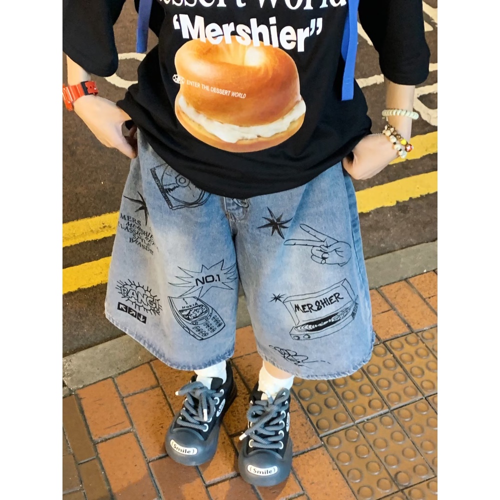 Quần Short Denim R1dge Họa Tiết Graffiti Đường Phố Mỹ Thời Trang Mùa Hè Cho Nam