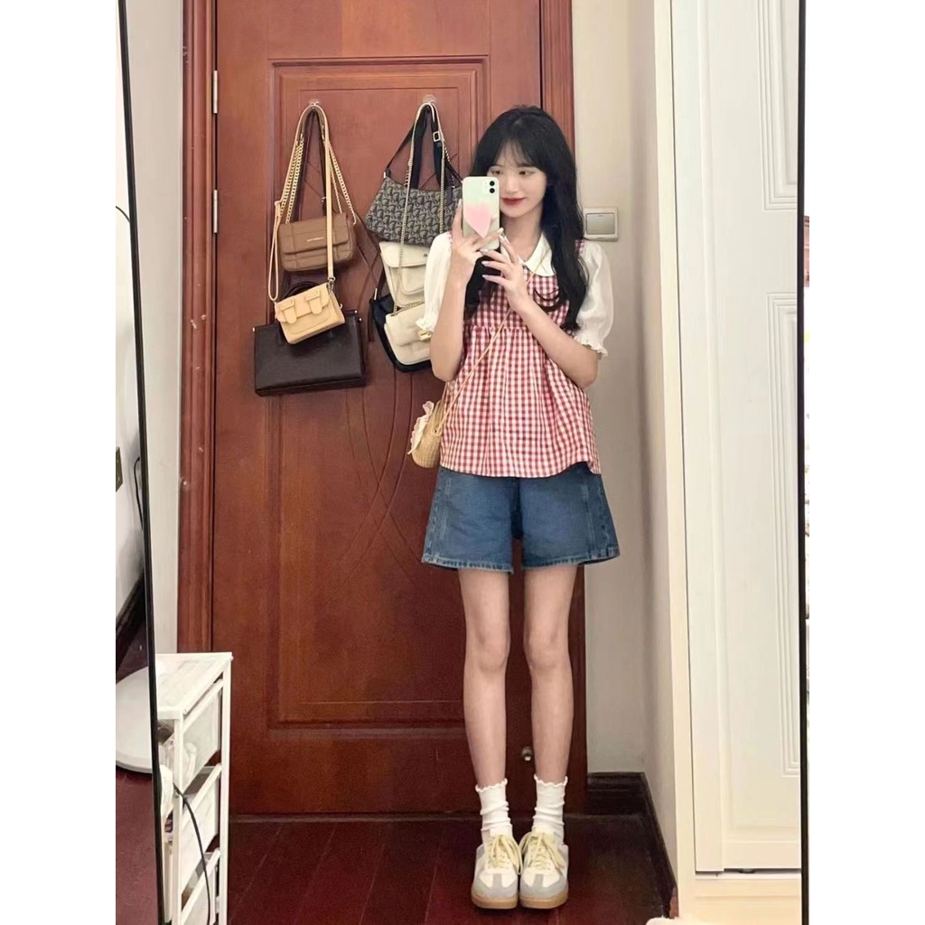 Áo Sơ Mi Hai Dây Kẻ Caro Đỏ Phong Cách Preppy Thời Trang Mùa Hè 2023 Mới Cho Nữ
