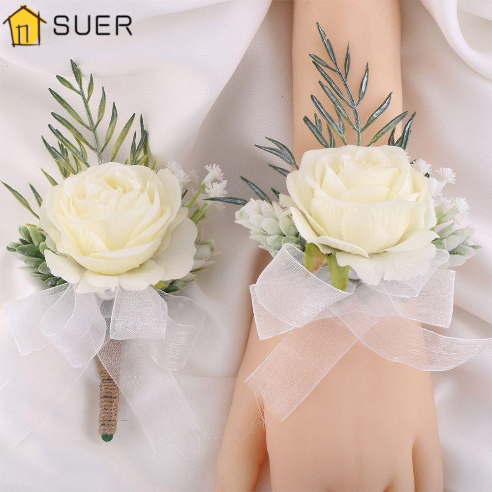 Suenin Set 2 Vòng Tay Trang Trí Boutonniere Thanh Lịch Tinh Tế Kèm Ruy Băng Cho Nam