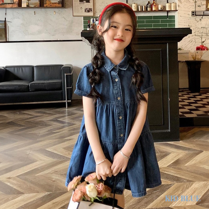Đầm Denim Mỏng Cổ Bẻ Thời Trang Mùa Hè Phong Cách Hàn Quốc Cho Bé Gái