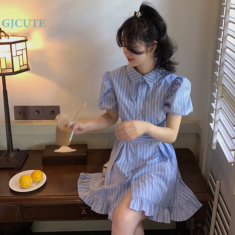 Đầm Chữ A Kẻ Sọc Tay Phồng Dễ Thương Cho Bạn Gái WTD