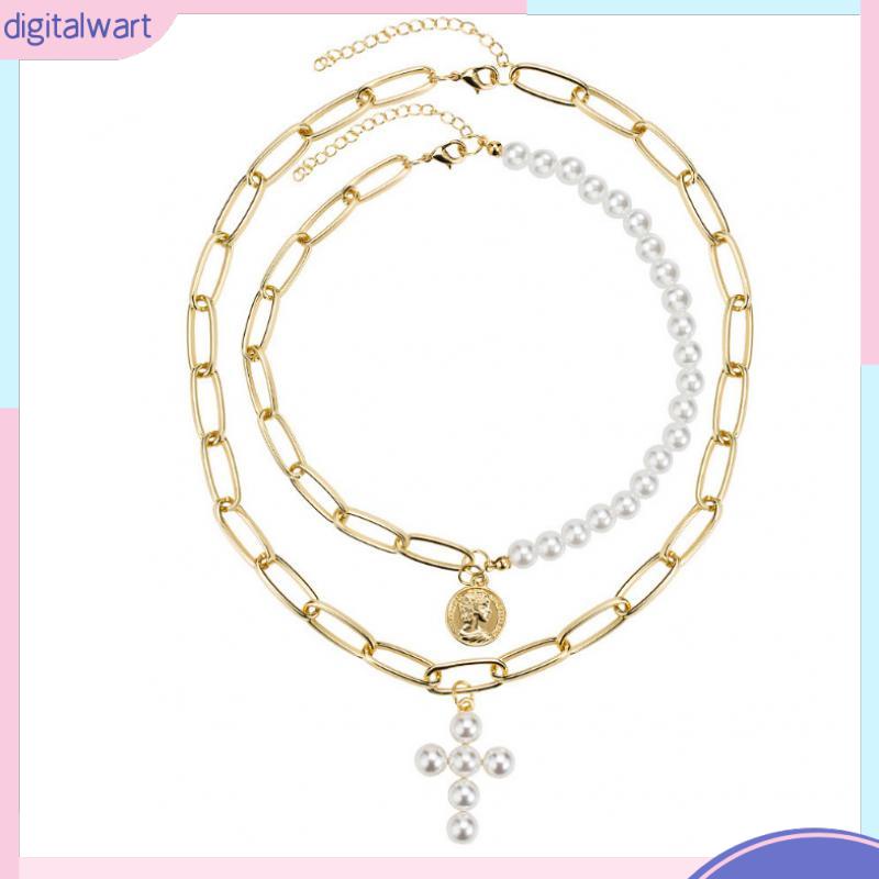 Vòng cổ Hai Lớp Mặt Hình Thánh Giá Đính Ngọc Trai Thời Trang