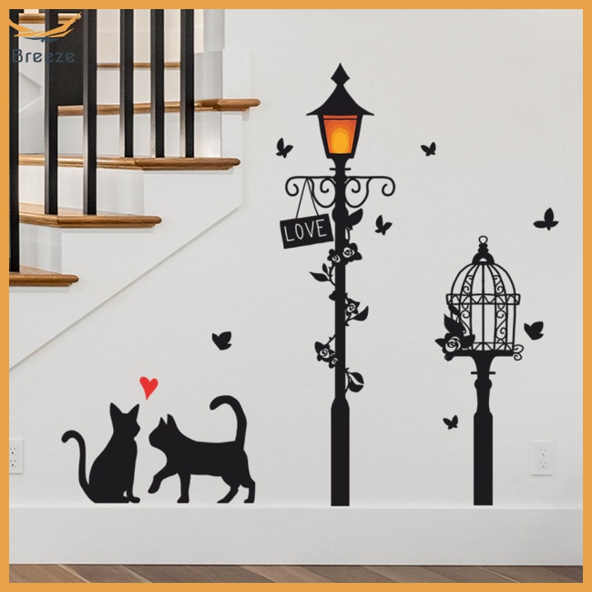 Sticker Dán Tường Tự Dính Họa Tiết Chú Mèo Dưới Đường Phố Trang Trí Nội Thất