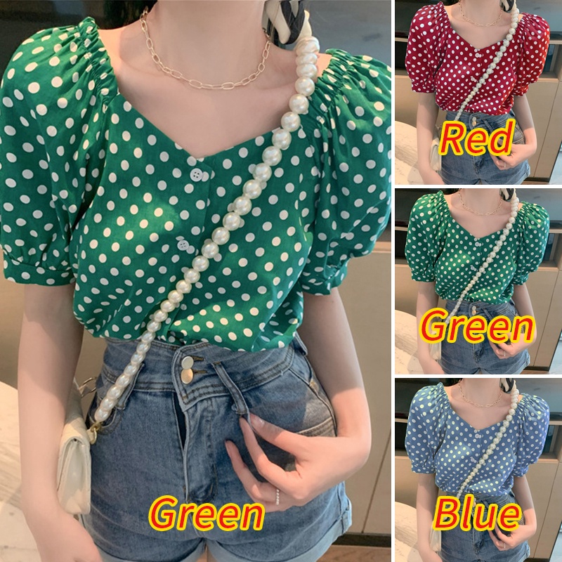 Áo Sơ Mi Tay Ngắn Phồng Cổ Chữ V Họa Tiết Chấm Bi Phong Cách Hàn Quốc Thời Trang Cho Nữ