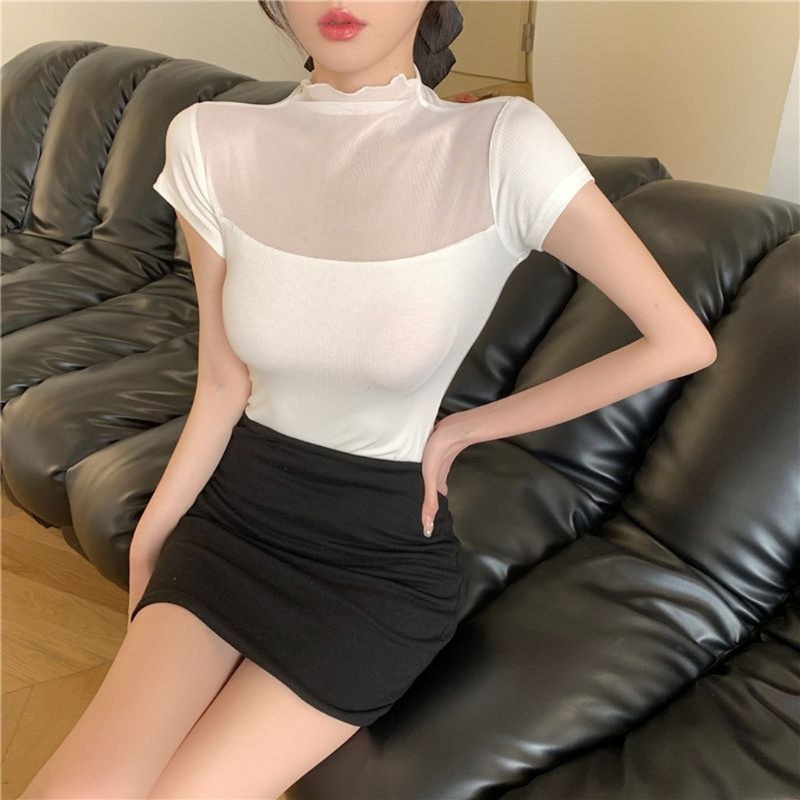 Áo Croptop Tay Ngắn Cổ Lọ Màu Trơn Phối Lưới Thời Trang Cho Nữ