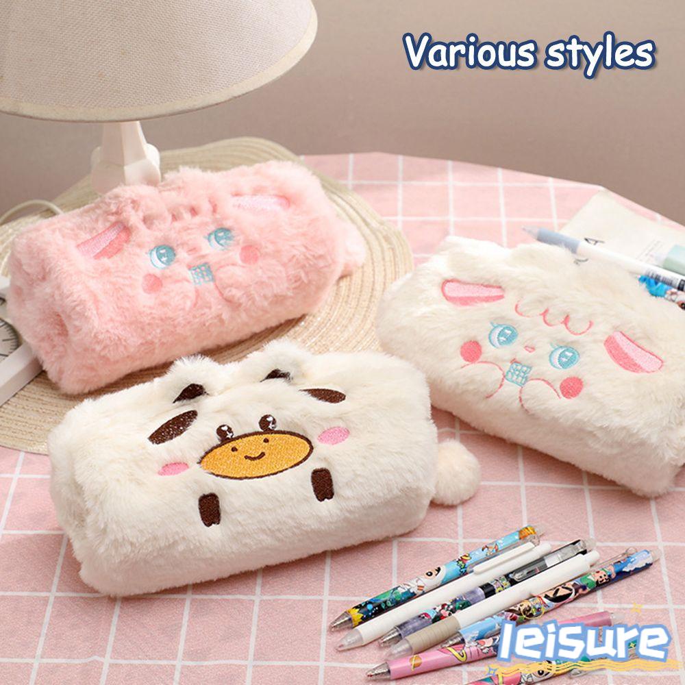LEISURE Túi Đựng Bút Bằng Vải Bạt Phối Lông Hình Hoạt Hình Đáng Yêu