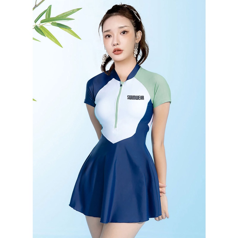 Đồ bơi nữ kín đáo tay ngắn CÓ MÚT CÓ SIZE-Bikini đi biển 2 mảnh có tay váy xoè- đồ bơi học sinh nữ AA7547