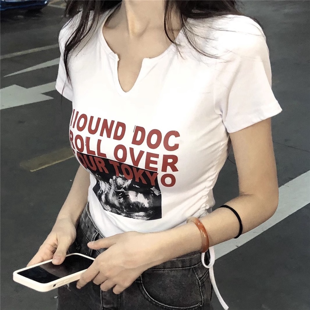 Áo phông in hình croptop ôm body áo thun rút dây 2 bên áo cổ chữ v áo croptop ôm crotop trắng croptop kiểu