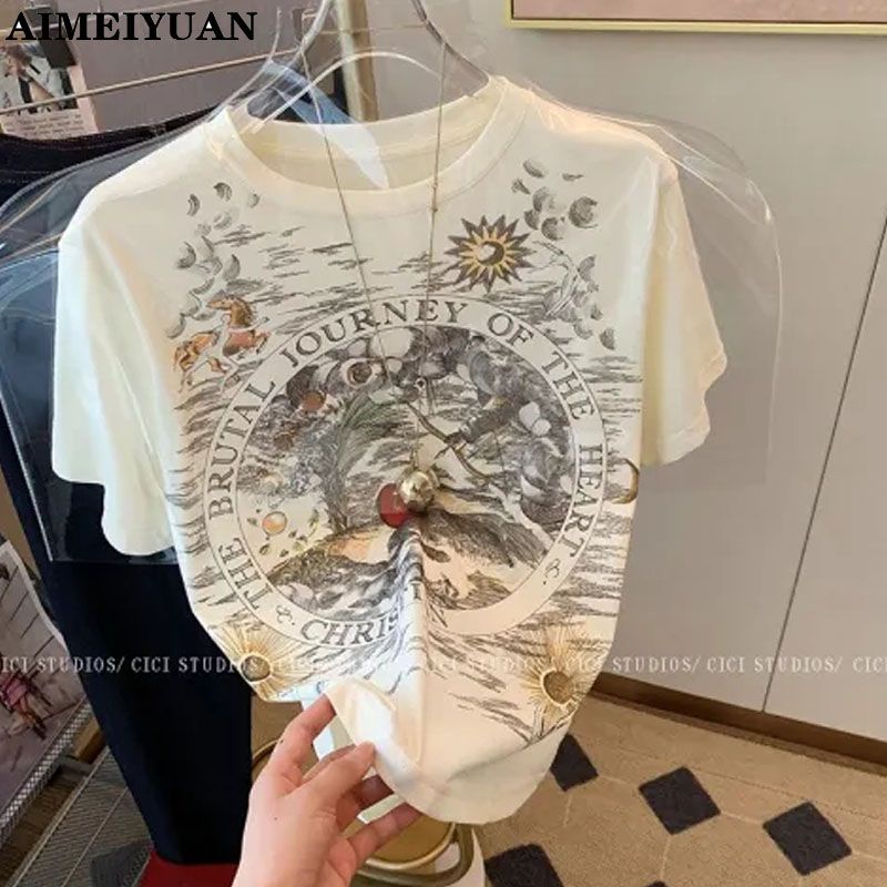 Áo Thun Cotton Ngắn Tay Phong Cách Retro Hong Kong Cho Nữ