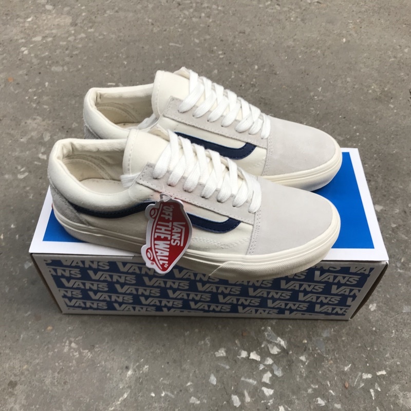 Giày thể thao Vans old skool trắng xanh navy, Giày Vans trắng xám sọc đen nam nữ cao cấp full box