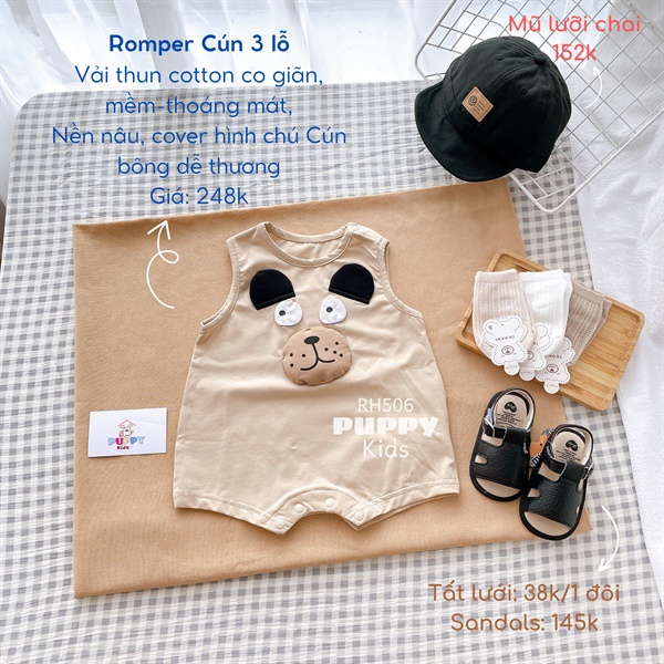 (RH506) (5-12kg) Áo liền quần dành cho em bé (Puppy Kids) Romper Cún 3 lỗ, nền nâu cover hình chú Cún bông.