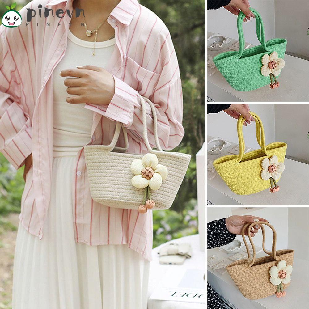 PINEVN Túi Xách Đan Lát Đính Hoa Xinh Xắn Cho Nữ