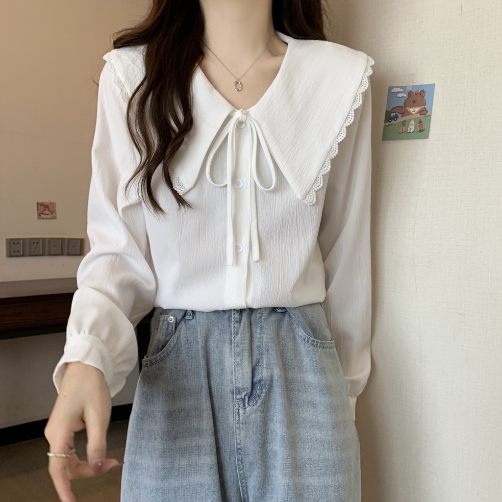 Áo Sơ Mi Tay Dài Màu Sắc Trơn Có Dây Cột Phong Cách Pháp Thời Trang Xuân Hè Cho Nữ