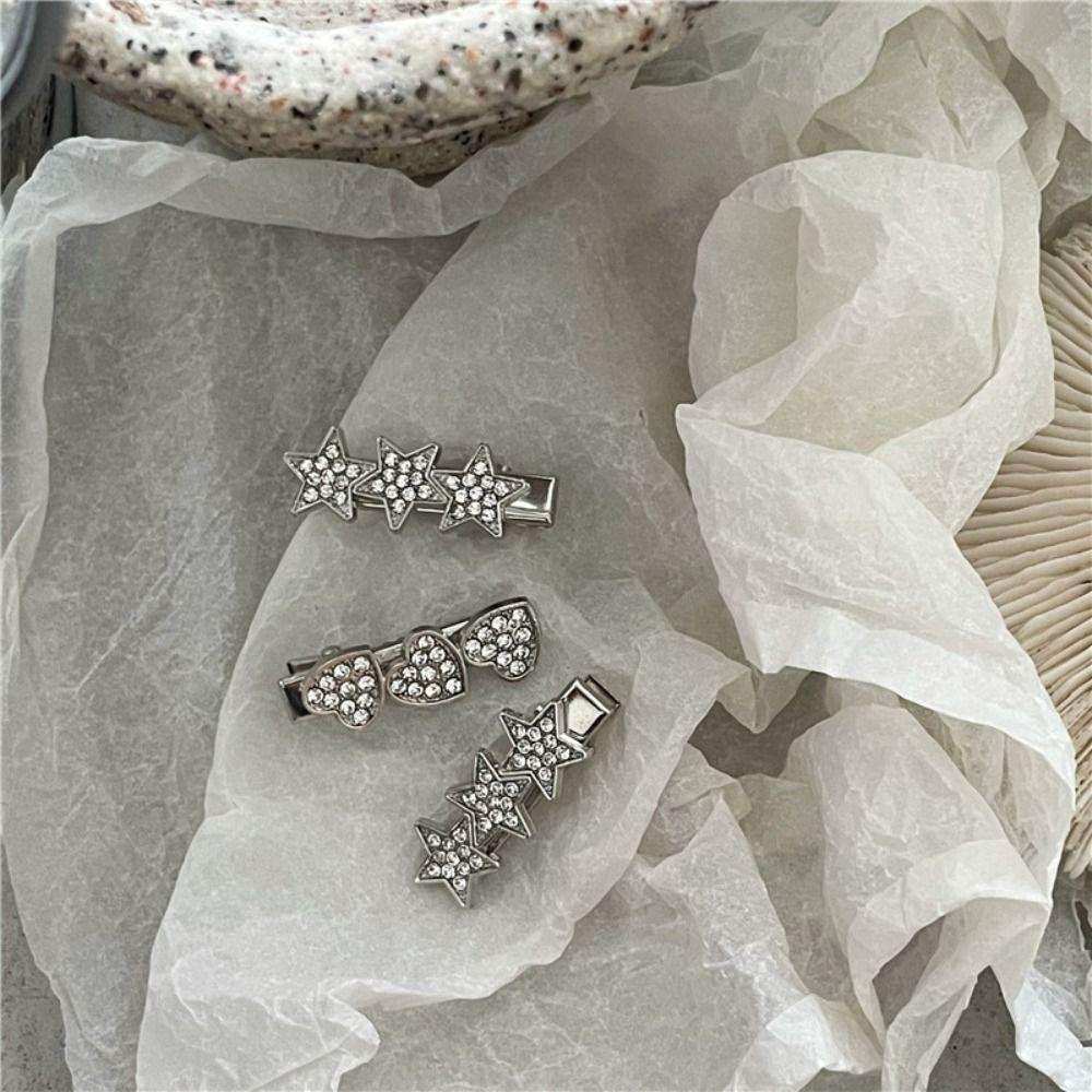 Kẹp Tóc Hình Ngôi Sao / Trái Tim Bằng Kim Loại Màu Bạc Cá Tính Cho Nữ