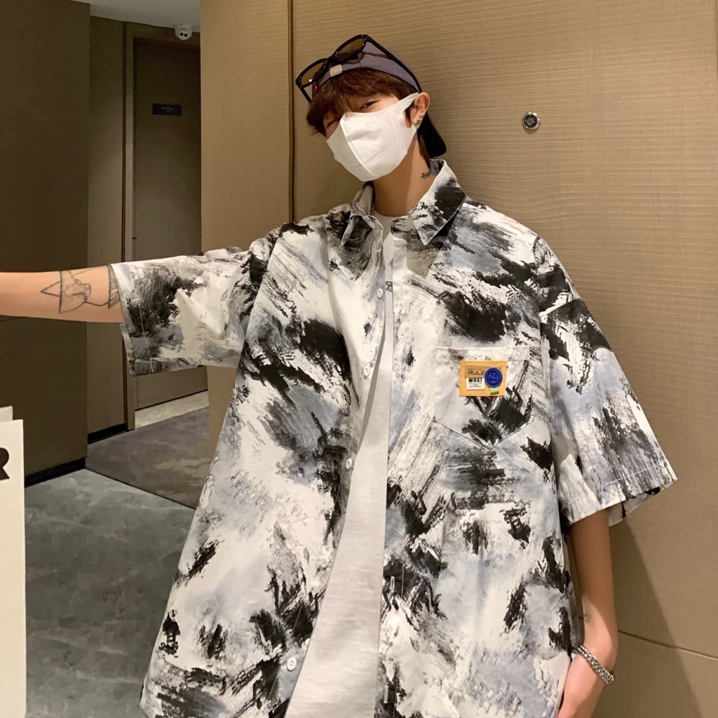 Áo Sơ Mi Tay Ngắn Dáng Rộng Họa Tiết Màu Nhuộm Thời Trang Đi Biển Cho Nam Giới Size M-8XL