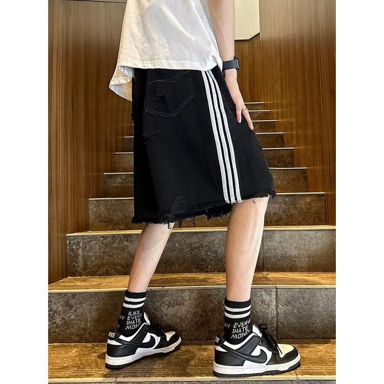 Quần Short Denim Dáng Rộng Phối Rách Kiểu Retro Mỹ Thời Trang Mùa Hè Cho Nam