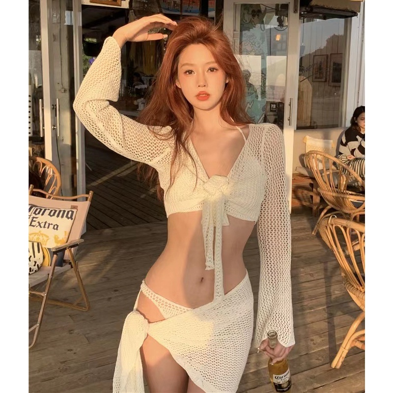 Bộ Đồ Bơi Bikini Bốn Mảnh Tay Dài Khoét Sâu Siêu Gợi Cảm Và Thích Hợp Đi Biển Cho Nữ