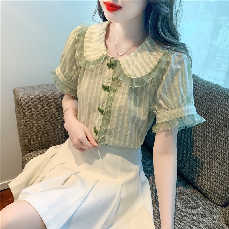 Áo Sơ Mi Tay Phồng Cổ Búp Bê Họa Tiết Kẻ Sọc Thời Trang Pháp 2023 Cho Nữ