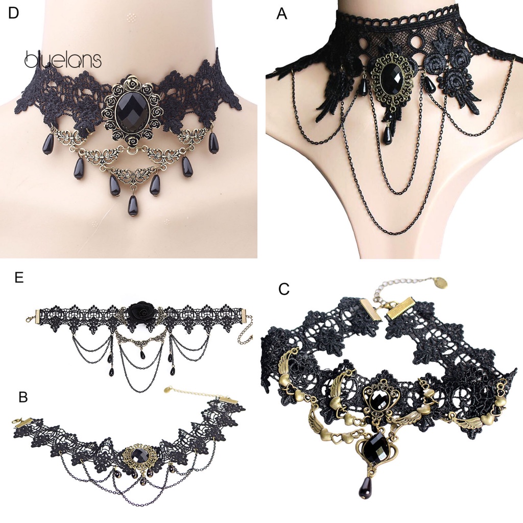 Vòng Cổ Choker Ren Màu Đen Gắn Đá Pha Lê Nhân Tạo Phối Tua Rua Phong Cách Gothic Punk Cho Nữ