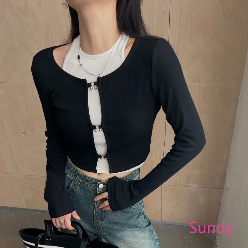 Plus Set Áo hai dây Cổ Yếm + Áo Cardigan Dài Tay Màu Trơn Thời Trang Mùa Thu Cho Nữ