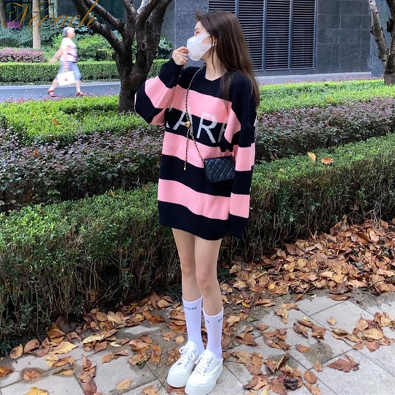 Áo Sweater Dệt Kim Tay Dài Dáng Rộng Cổ Tròn In Chữ Phong Cách Hàn Quốc Thời Trang Cho Nữ