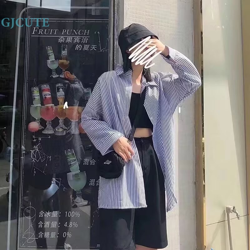 Áo Sơ Mi Mỏng Dáng Rộng Tay Dài Cài Nút Họa Tiết Kẻ Sọc Thời Trang Xuân Hè Cho Nữ