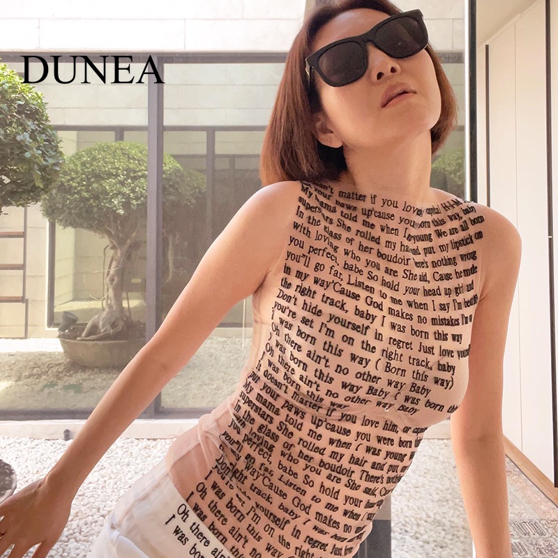 DUNEA Áo Thun Nữ Cổ Tròn Không Tay In Chữ