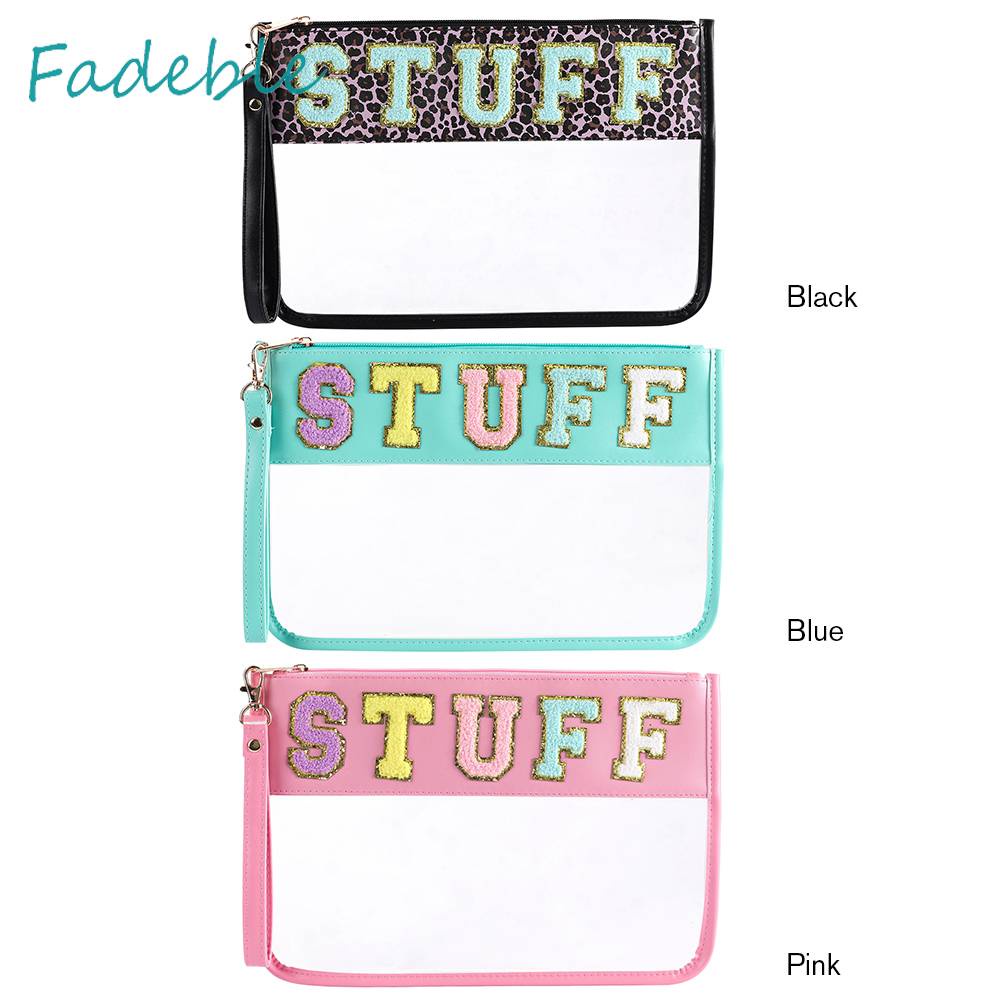 Túi Đựng Mỹ Phẩm Bằng PVC Chenille Trong Suốt In Chữ Có Khóa Kéo Tiện Dụng Mang Theo Du Lịch