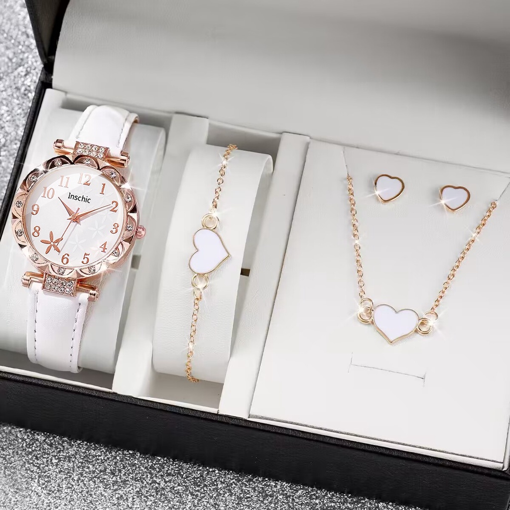 Đồng hồ đeo tay nữ hoa thời trang Dây da thông thường Đồng hồ thạch anh Bộ quà tặng trang sức | BigBuy360 - bigbuy360.vn