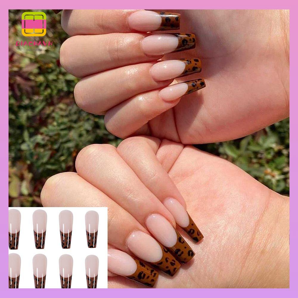 DIACHAVN Bộ 24 Móng Tay Giả Che Phủ Toàn Diện Tháo Rời Được Họa Tiết Da Báo / Pháp