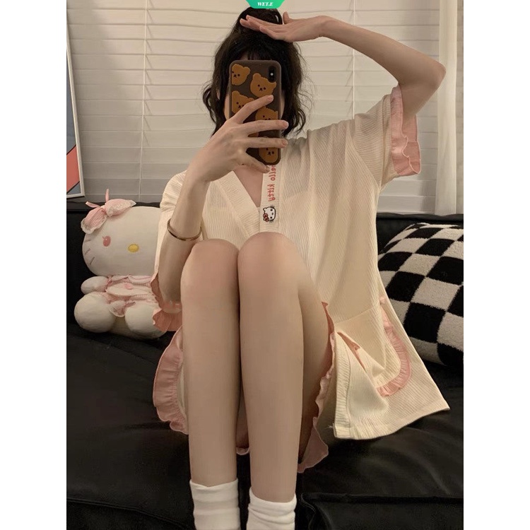 SANRIO Bộ Đồ Ngủ Tay Ngắn Phối Bèo Họa Tiết Hello Kitty Dễ Thương Thời Trang Mùa Hè 2023 Cho Nữ