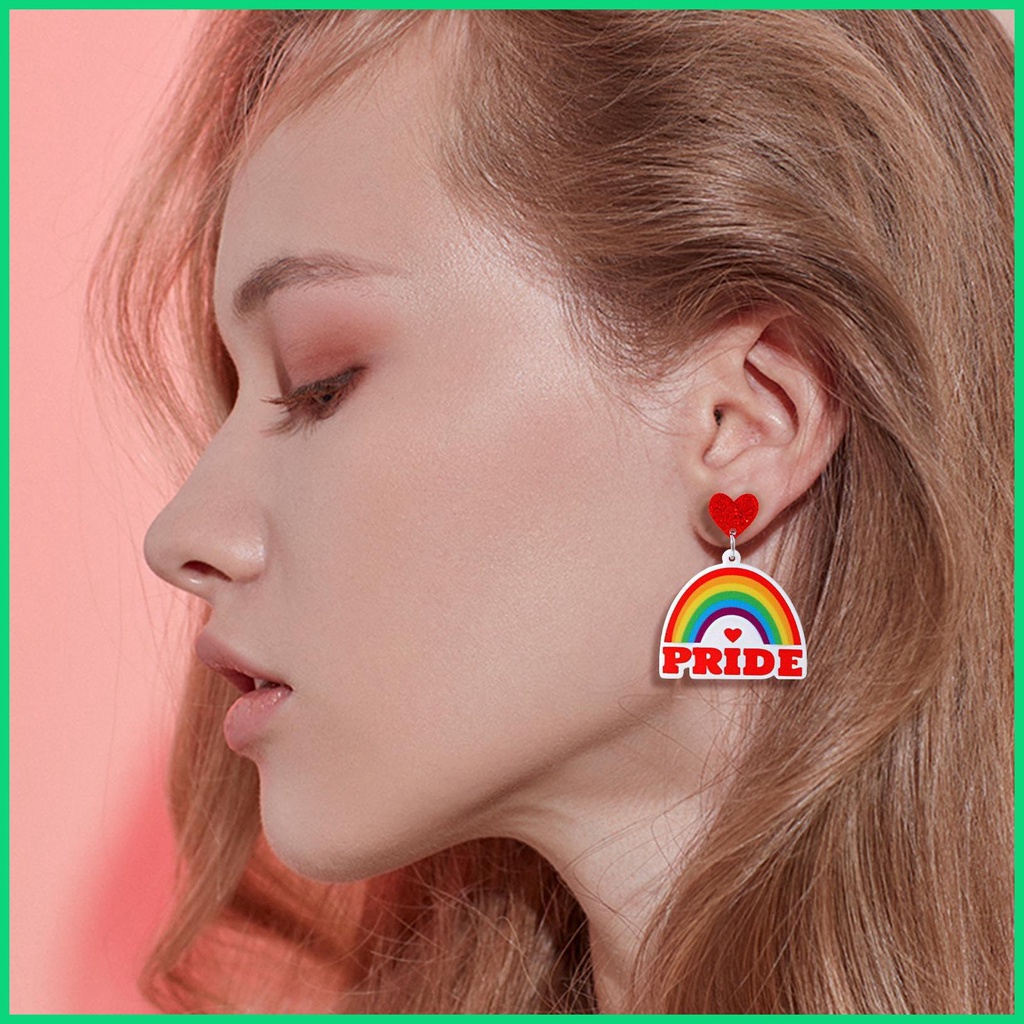 Bông Tai Dáng Dài Hình Trái Tim Màu Cầu Vồng Thời Trang