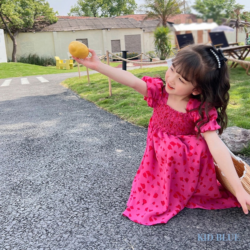 Đầm Tay Phồng Cổ Vuông Xếp Ly In Họa Tiết Thời Trang Mùa Hè Hàn Quốc Cho Nữ