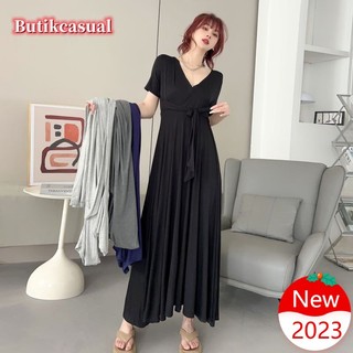 Đầm Cotton Trơn Mùa Hè 2023 Dáng Suông Tay Cộc Cổ Chữ V Thoải Mái Cho Nữ