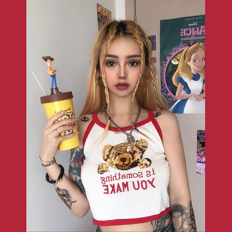 Áo Hai Dây Dáng Ôm Ngắn In Hình Gấu Thời Trang Mùa Hè Cho Bạn Gái