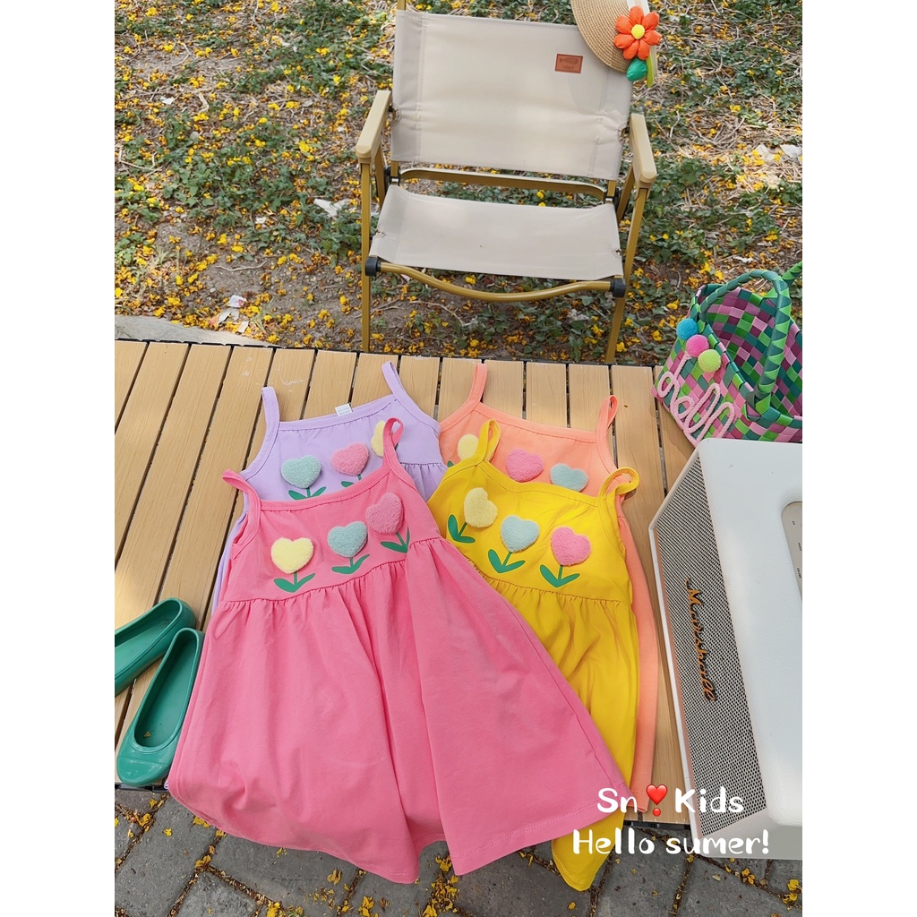 Váy cotton 2 dây đính tim nổi cực xinh cho bé gái - VCSN