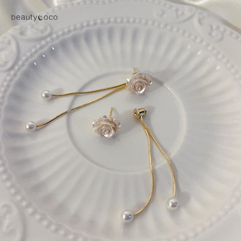 Beautycoco🍊Đôi Bông Tai Dáng Dài Đính Hoa Trà  Phối Tua Rua Thời Trang Cho Nữ,Bông tai mạ bạc 925 hình hoa trà đính ngọc trai phong cách mới 2023