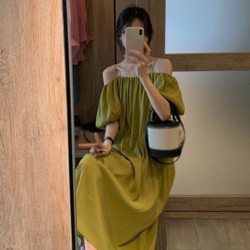 Đầm Dài Dáng Rộng Hở Vai Màu Sắc Trơn Thời Trang Dành Cho Nữ